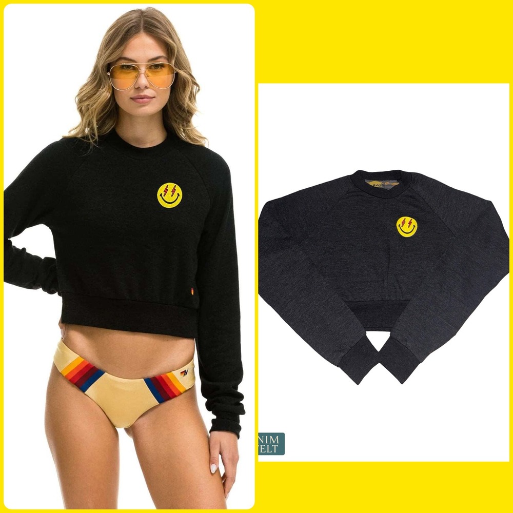 Aviator Nation Bolt Smiley Embroidered Cropped Crew Sweatshirt Black Retro Vibes